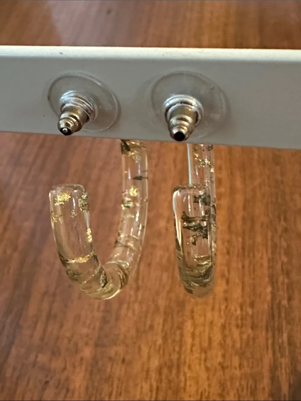 Retro Look Clear Lucite Plastic Hoop‎ Earrings with Gold Leaf Flecks
